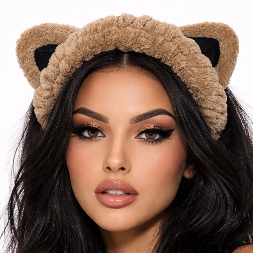 Brown Kitty Cat Plush Spa Headband | Microfiber Fleece | Makeup Skincare Wrap